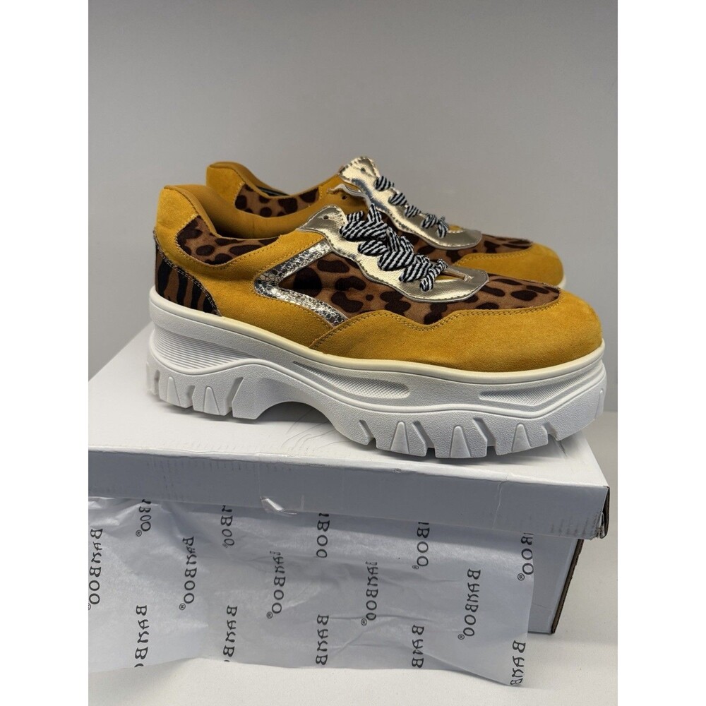 Bamboo Pops Sneakers Shoes Women's Yellow Leopard Print Low Top Lace Up 8.5US